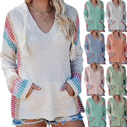 Striped Color Matching Hooded Long Sleeve Pullover Loose Sweater