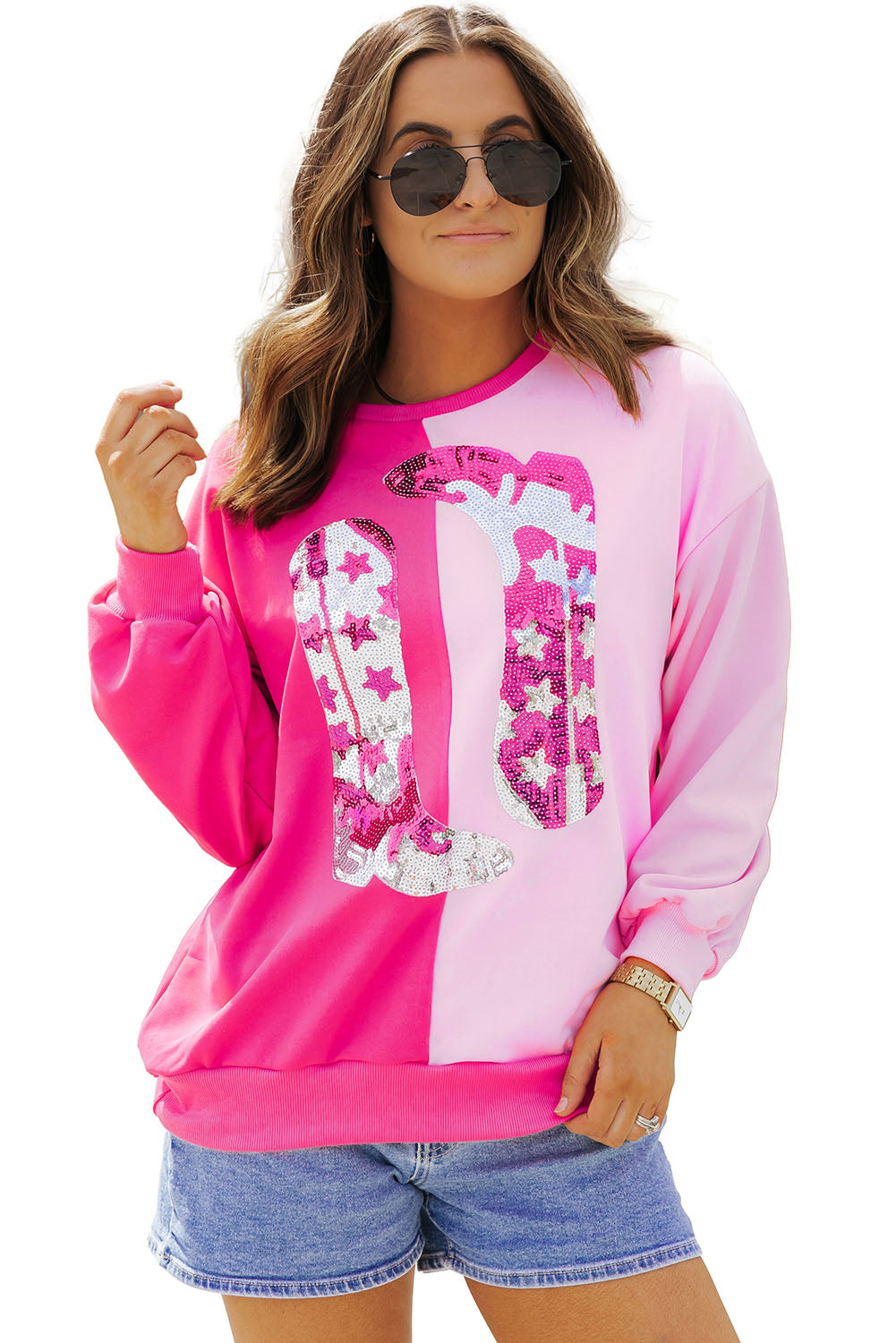 Pink Color Block Sequined Cowgirl Boots Graphic Sweatshirt I cease