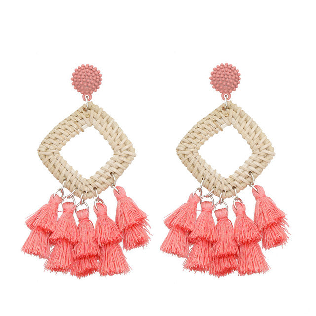 Rattan raffia tassel earrings