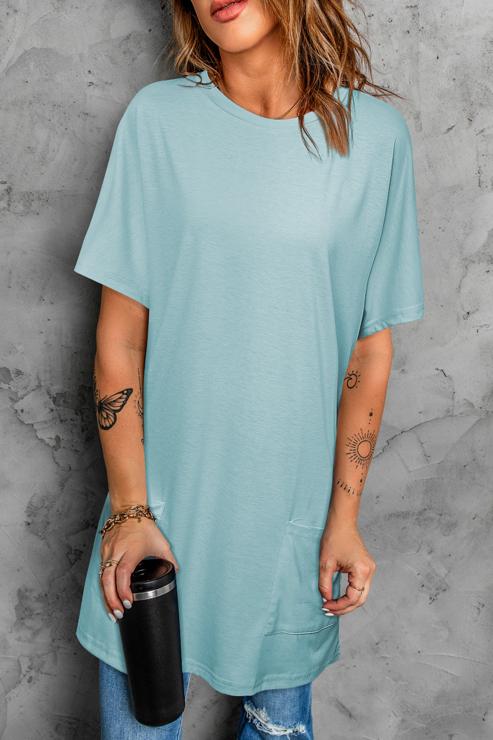 White Side Pockets Short Sleeve Tunic Top