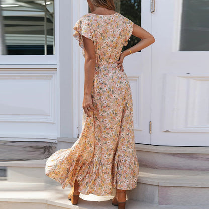 Bohemian V-Neck Printed Dress Women's Clothing