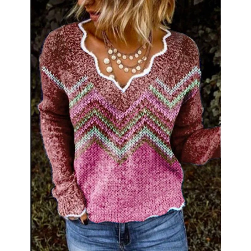 Women's Printed Long-Sleeved Fleece Sweater Top