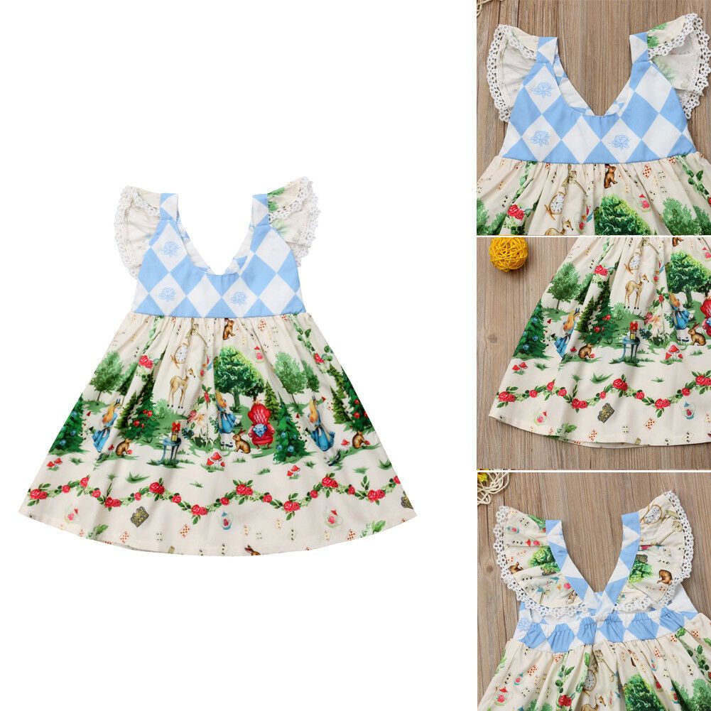 Children's Clothing Diamond Stitching Cartoon Flying Sleeve Dress