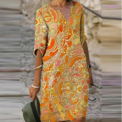 Color Matching Printed Patchwork V Neck Long-Sleeved Plus Size Dress Women