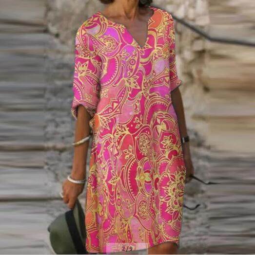 Color Matching Printed Patchwork V Neck Long-Sleeved Plus Size Dress Women