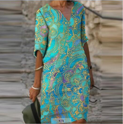 Color Matching Printed Patchwork V Neck Long-Sleeved Plus Size Dress Women