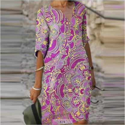 Color Matching Printed Patchwork V Neck Long-Sleeved Plus Size Dress Women
