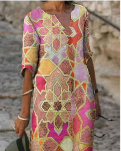 Color Matching Printed Patchwork V Neck Long-Sleeved Plus Size Dress Women