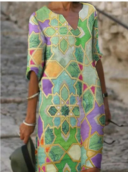 Color Matching Printed Patchwork V Neck Long-Sleeved Plus Size Dress Women