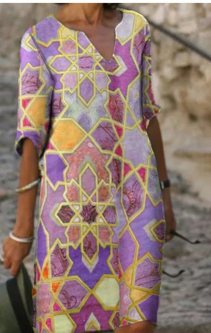 Color Matching Printed Patchwork V Neck Long-Sleeved Plus Size Dress Women