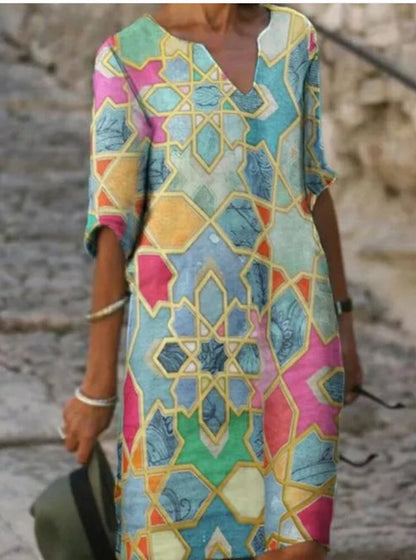 Color Matching Printed Patchwork V Neck Long-Sleeved Plus Size Dress Women