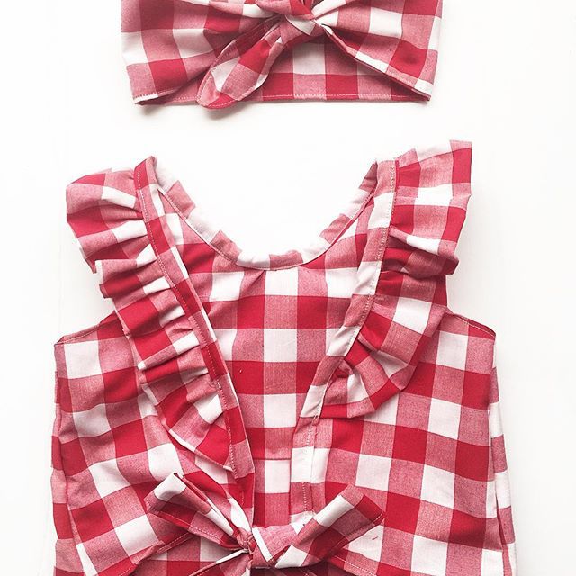 Children Plaid Top Denim Shorts Headdress Three-piece Set