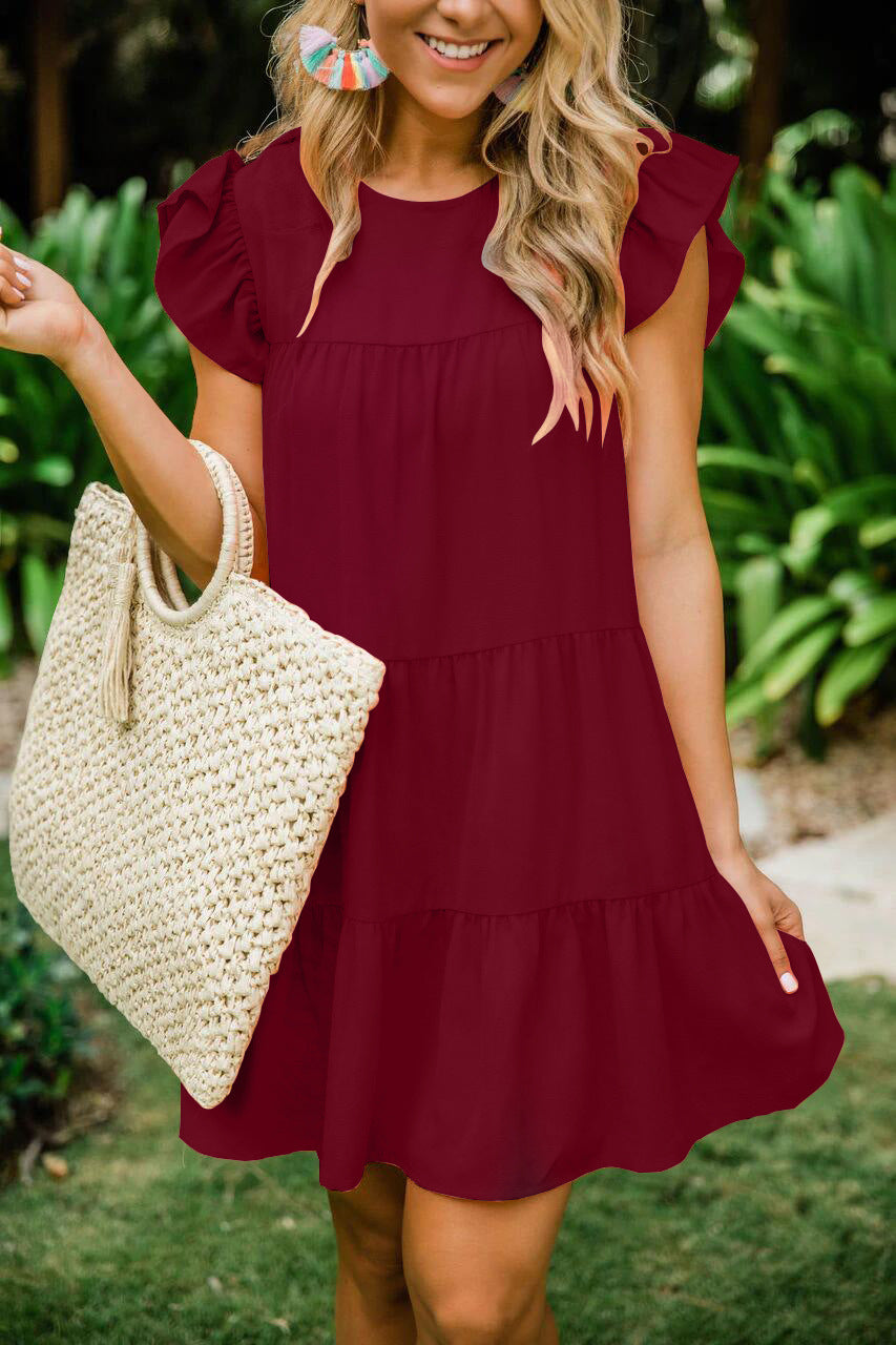 Summer New Style Lotus Leaf Sleeve Pleated Dress Women's Clothing