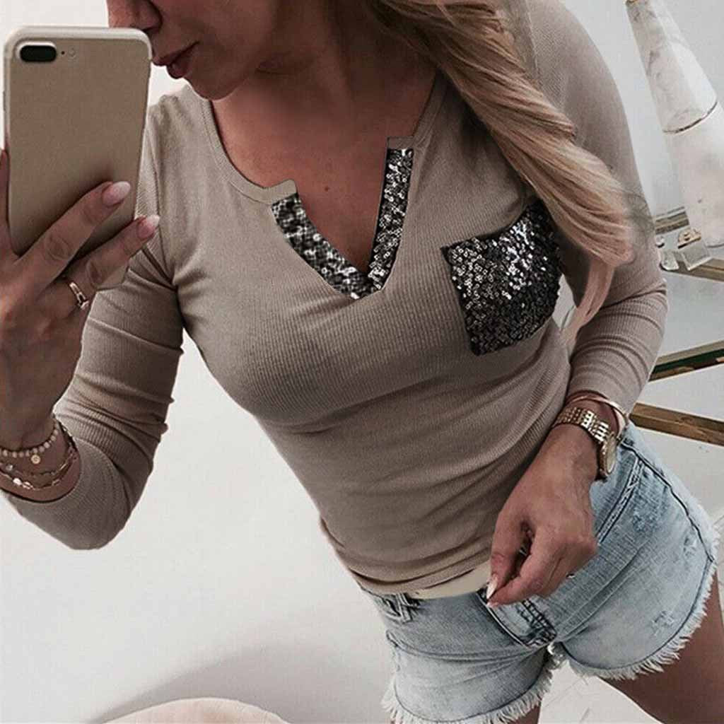 New Sequined V-Neck Pocket Short T-Shirt Women'S Clothing
