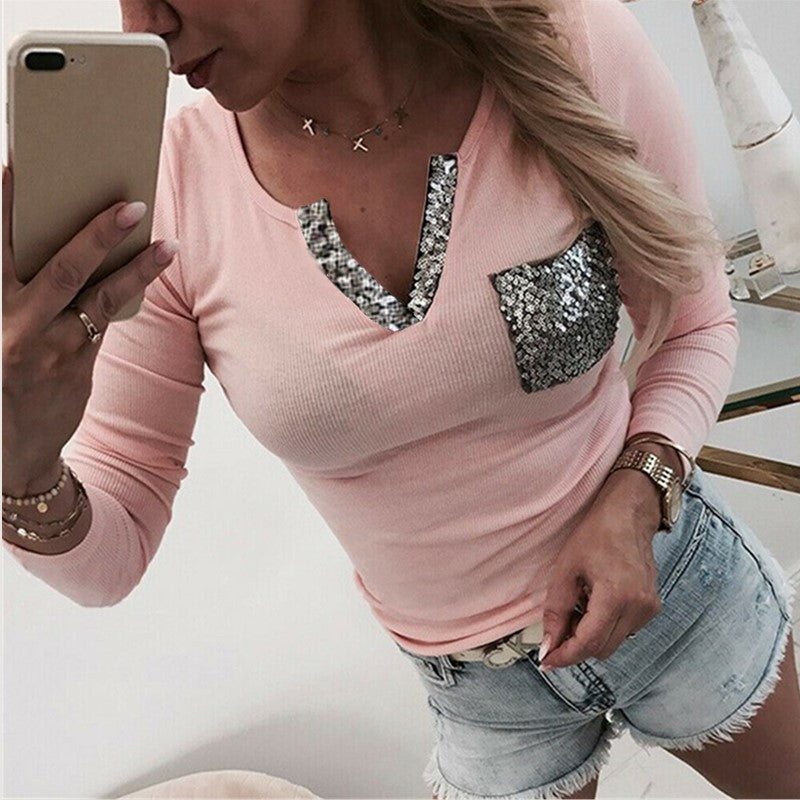New Sequined V-Neck Pocket Short T-Shirt Women'S Clothing