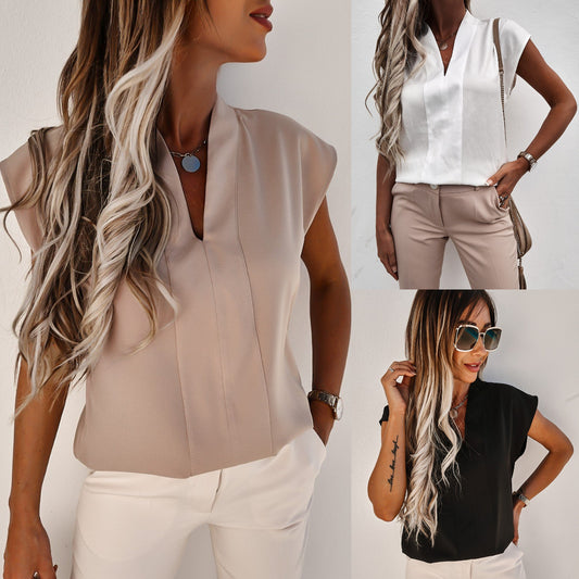 Solid Color V Neck Short Sleeved T Shirt Top Women's Clothing