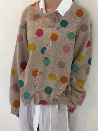 Polka Dot Printed Long Sleeve Sweater Knit Cardigan Women's Clothing