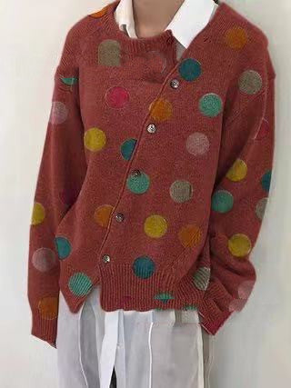 Polka Dot Printed Long Sleeve Sweater Knit Cardigan Women's Clothing