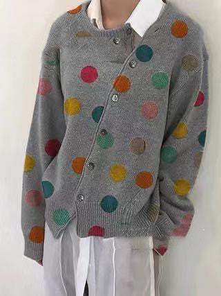 Polka Dot Printed Long Sleeve Sweater Knit Cardigan Women's Clothing