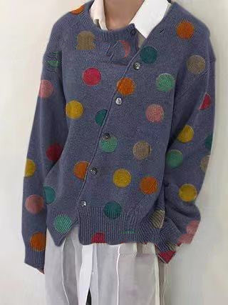 Polka Dot Printed Long Sleeve Sweater Knit Cardigan Women's Clothing