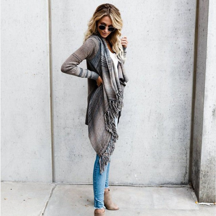 Women's Mid Length Slim Fashion Tassel Coat Knitted Sweater