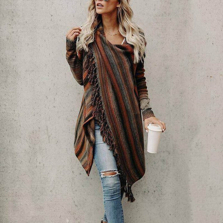 Women's Mid Length Slim Fashion Tassel Coat Knitted Sweater