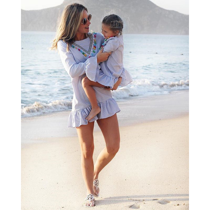 Striped Parent-child Wear Lace Fringed Lotus Leaf Mother Women's Clothing