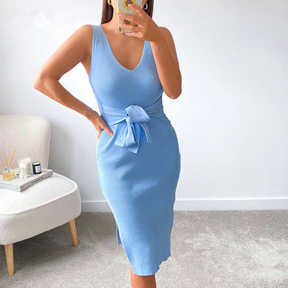 New Fashion Color Matching V-Neck Lace Knitted Dress Women's Clothing