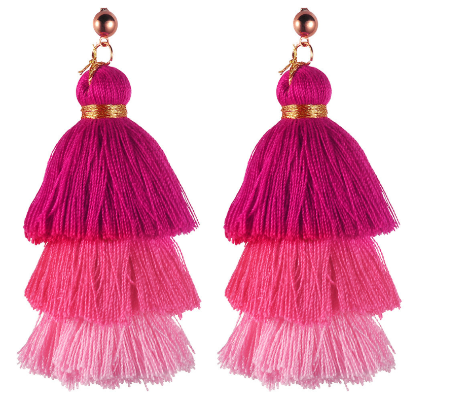 Cotton tassel three-layer gradient color tassel earrings earrings