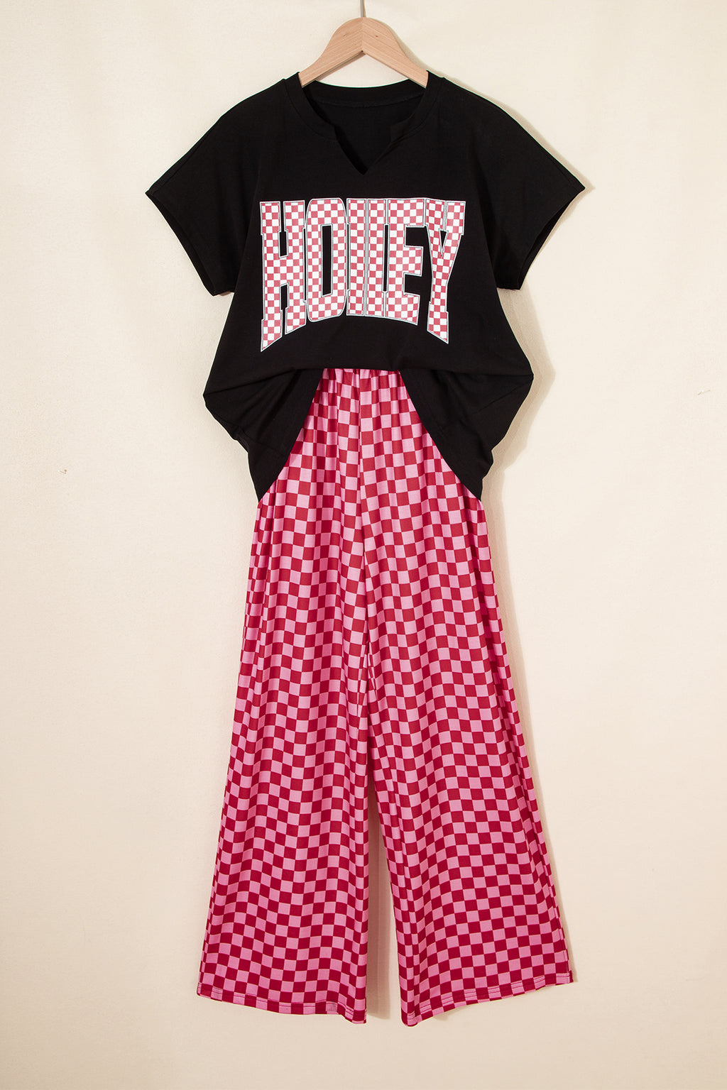 Black V Neck HONEY Tee Contrasted Checkered Pant Set