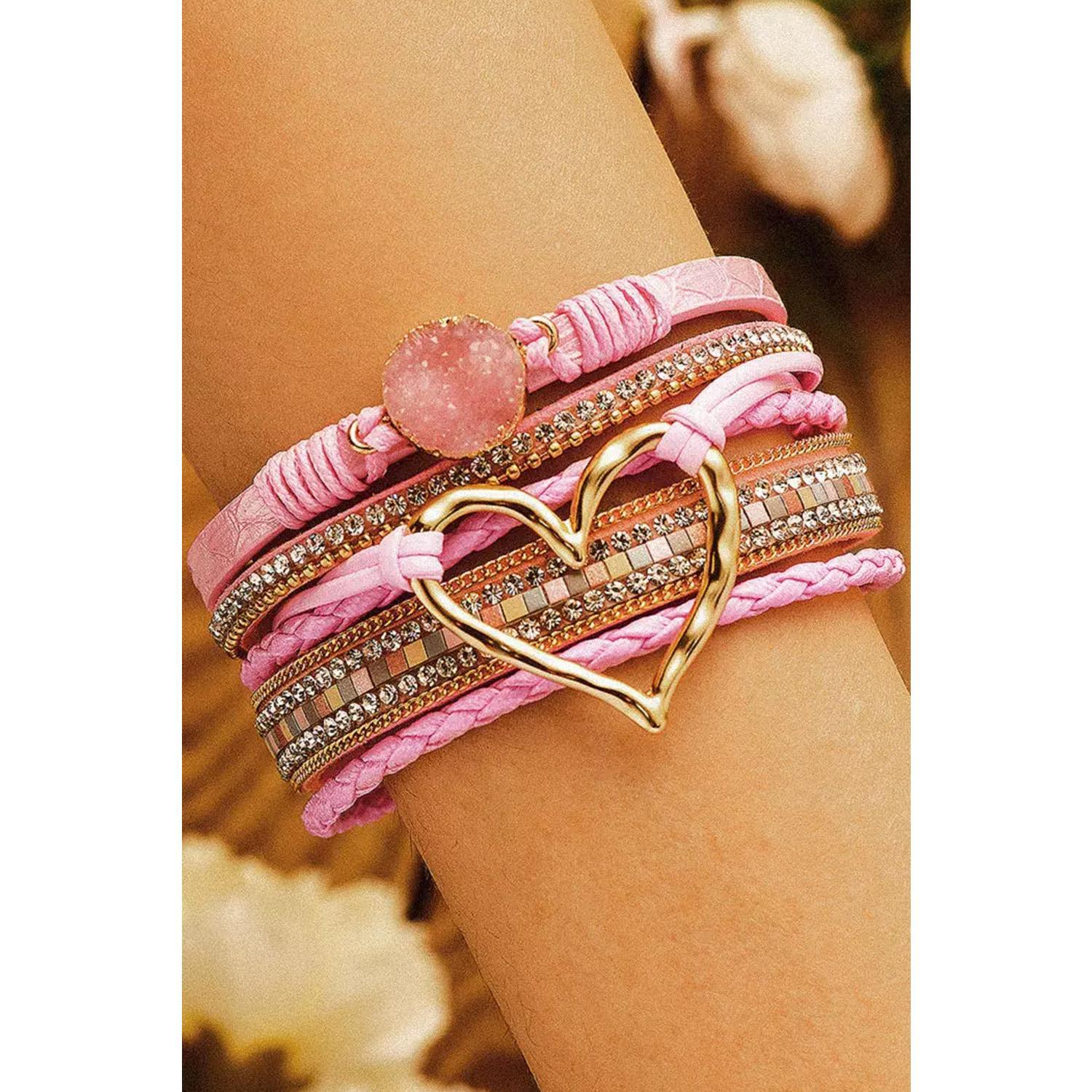 Pink Bohemian Heart Rhinestone Magnetic Buckle Bracelet