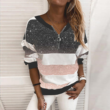 V-neck Loose Pullover Striped Starry Sky Print Women's Clothing