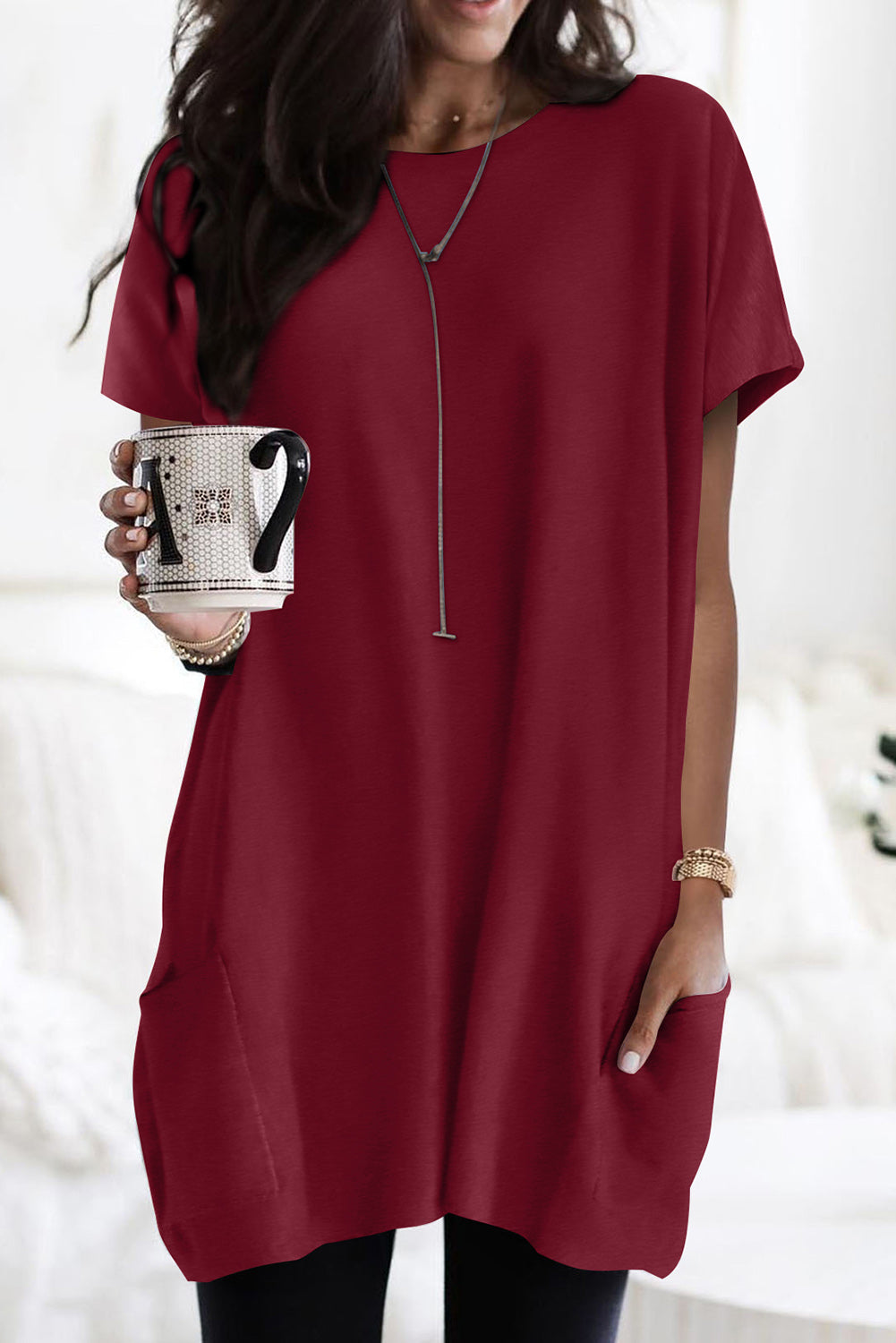 White Side Pockets Short Sleeve Tunic Top