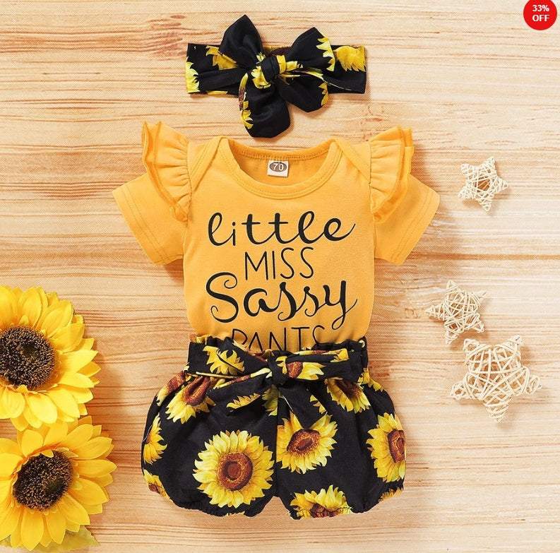 Baby Sunflower Print Romper Shorts Set