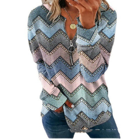 Striped Printed Long-sleeve Zipper Foreign Trade Women's Top