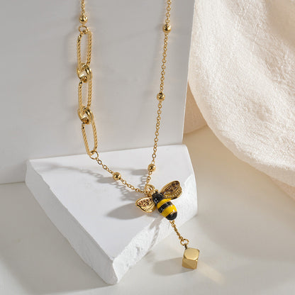 Wild Bee Square Pendant Stitching Chain Bead String Titanium Steel Necklace