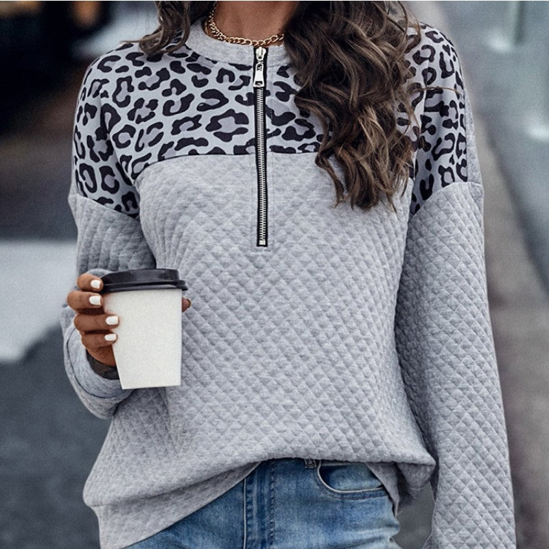 Winter New Leopard Splicing Drop Shoulder Zipper Sweater For Women