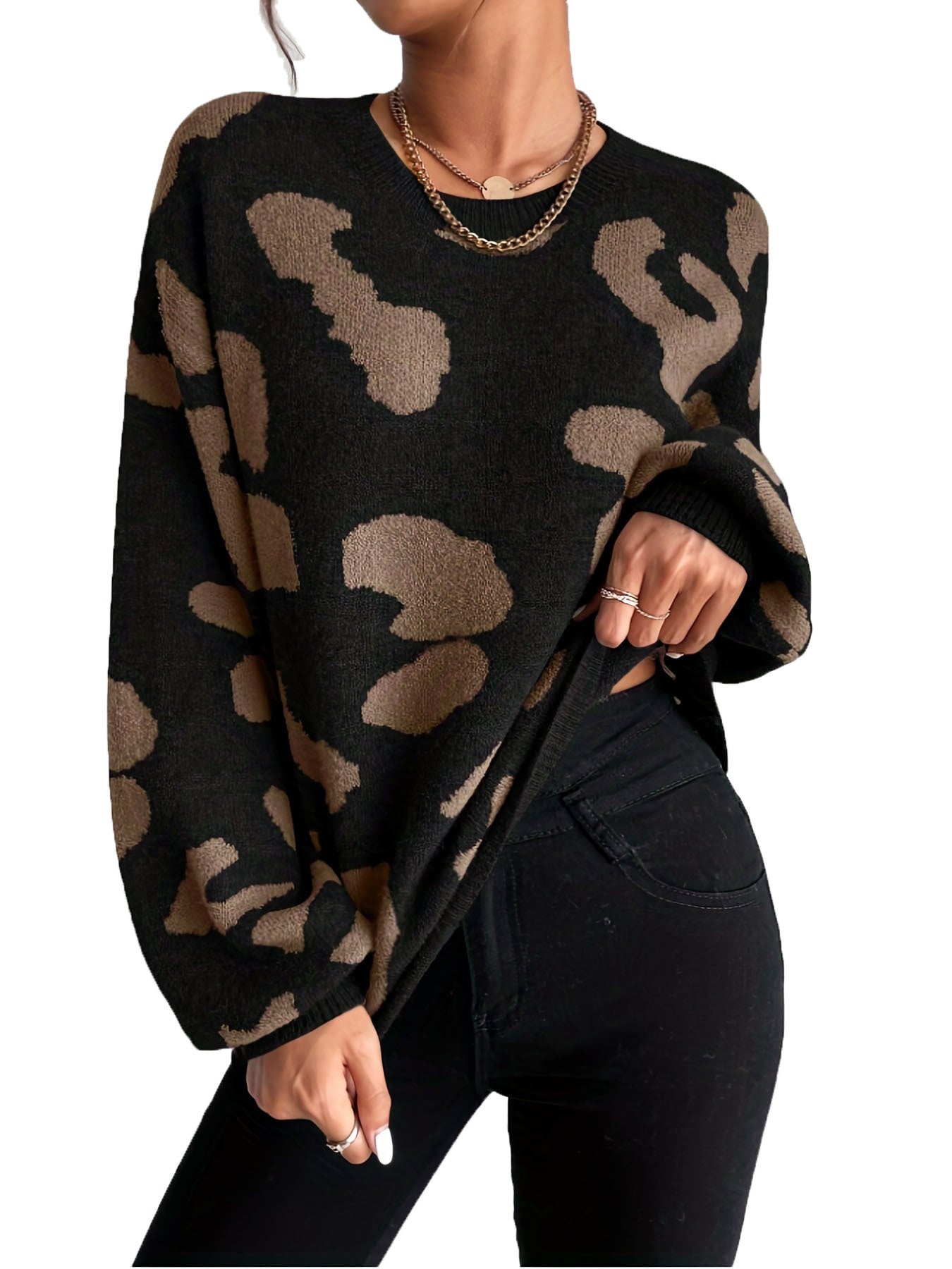 Leopard Print Off-shoulder Fluffy Knitted Round Neck Sweater