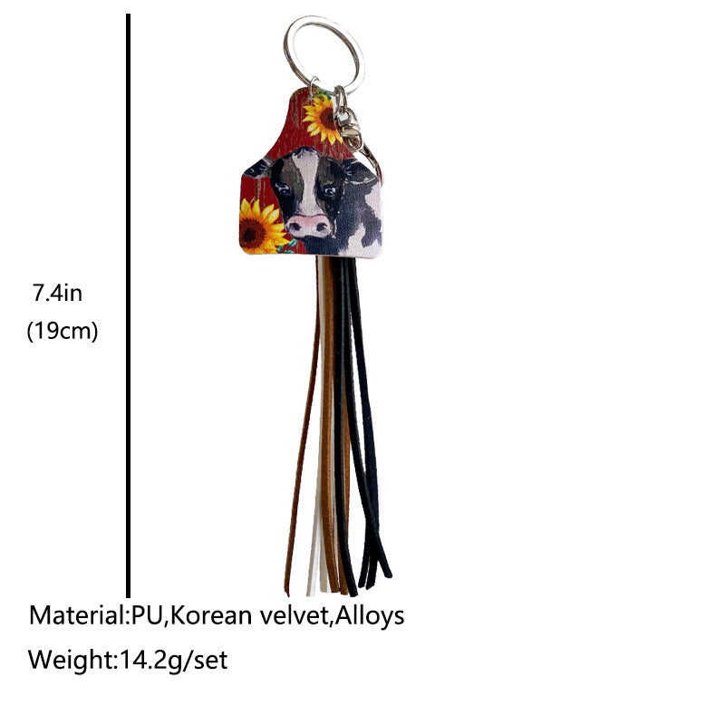 Western Farm Style Leather Key Chain Cow Horse Deer Cow Brand-shaped Leather Tassel