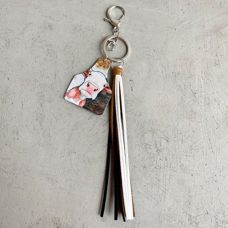 Western Farm Style Leather Key Chain Cow Horse Deer Cow Brand-shaped Leather Tassel