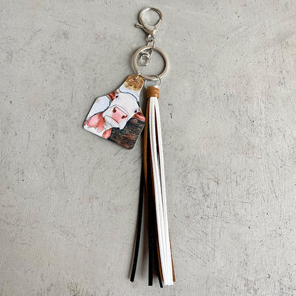 Western Farm Style Leather Key Chain Cow Horse Deer Cow Brand-shaped Leather Tassel