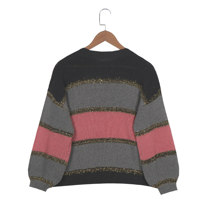 Women's multicolor stitching loose sweater