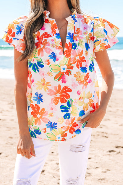 White Floral Bouquet Flutter Top