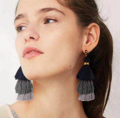 Cotton tassel three-layer gradient color tassel earrings earrings