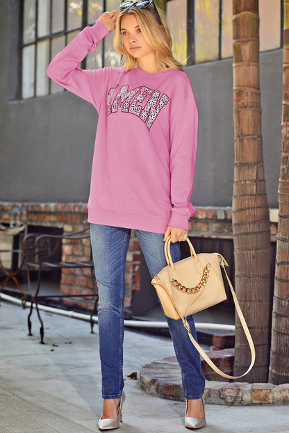 Pink AMEN Leopard Letter Print Oversized Pullover Sweatshirt