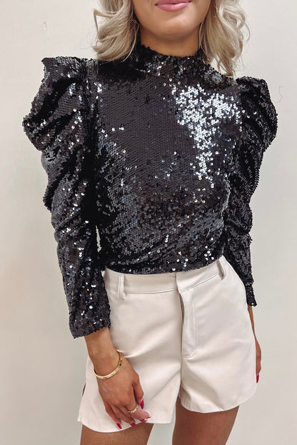 Burgundy Sequin Mock Neck Bubble Sleeve Top