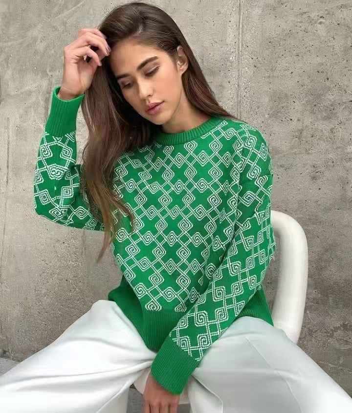 Long Sleeve Round Neck Geometric Pattern Woolen Fabric