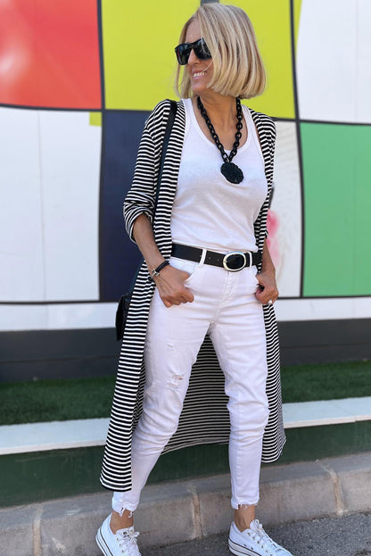 Stripe Open Front Long Cardigan
