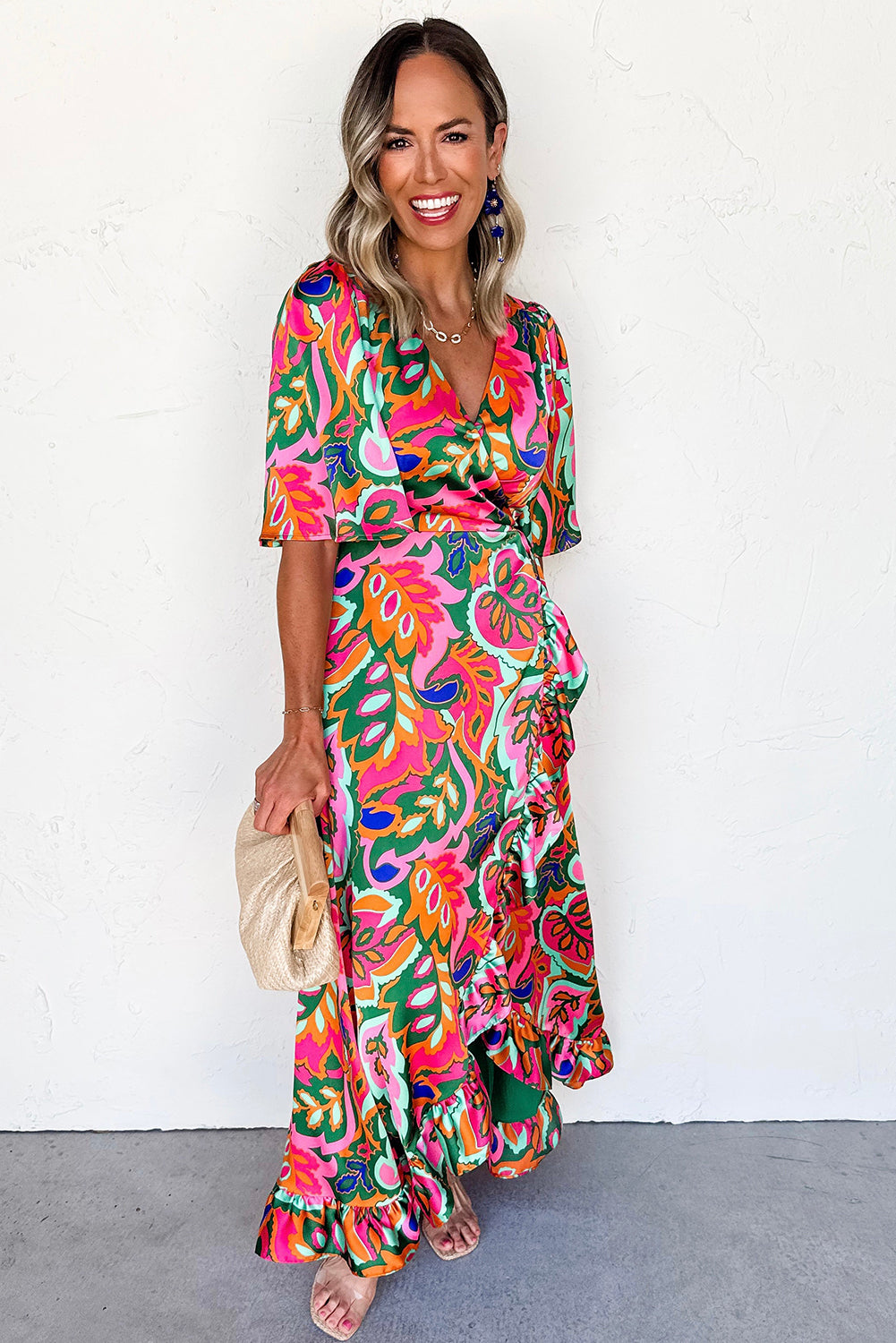 Rose Summer Plant Print Surpliced V Neck Ruffled Asymmetric Slit Wide Short Sleeve Maxi Dress
