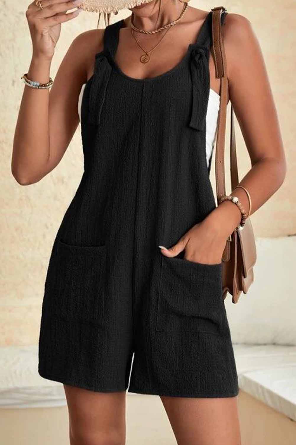 Multicolor Rose Adjustable Straps Pocketed Textured Romper